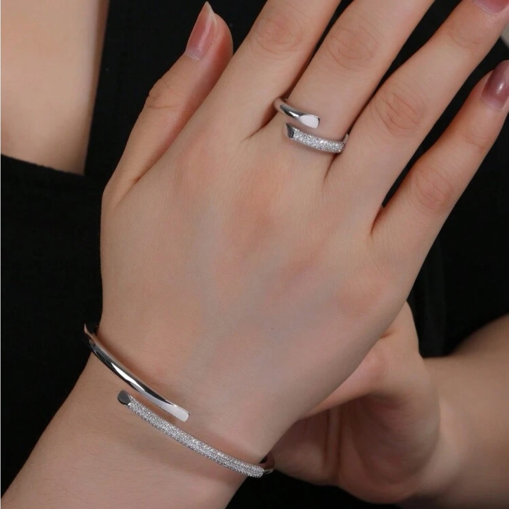 NEW 2pc Set Adjustable Silver Ring & Cuff Bracelet 18K Gold Plated Zircon OS